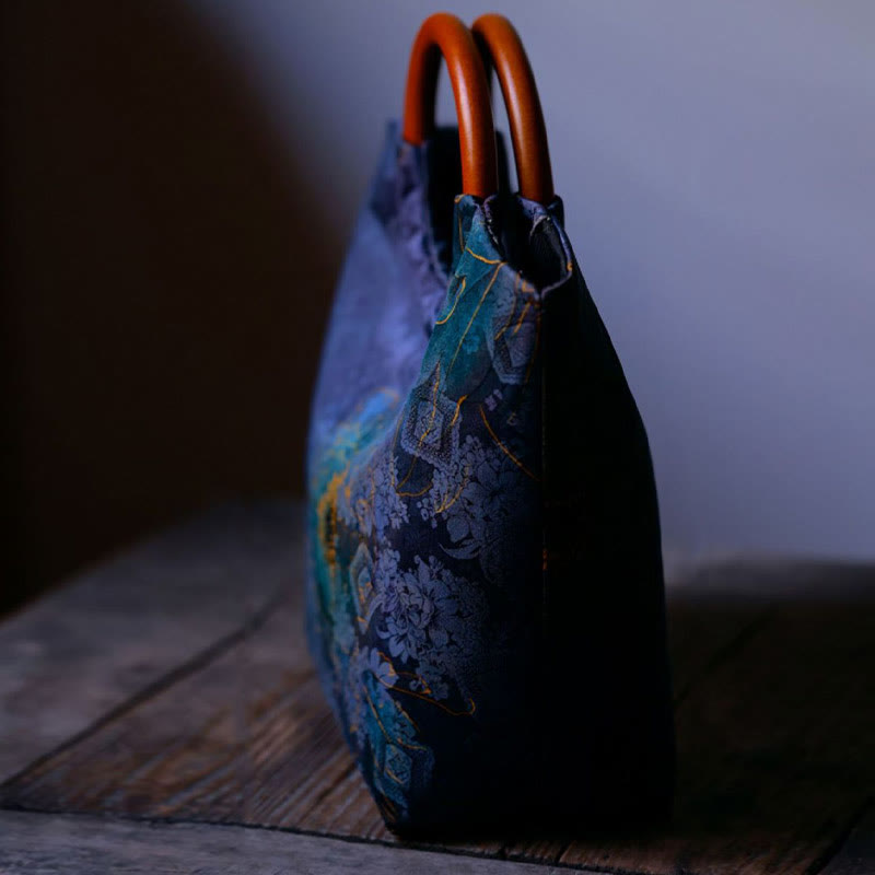 Buddha Stones Peony Flower Bamboo Leaves Bird Solid Wood Handle Handbag - image 4