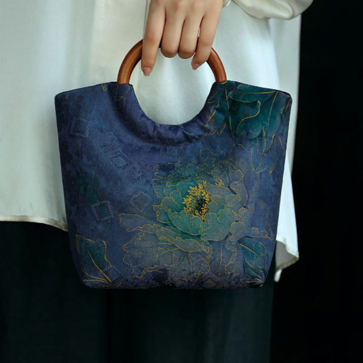 Buddha Stones Peony Flower Bamboo Leaves Bird Solid Wood Handle Handbag - image 6