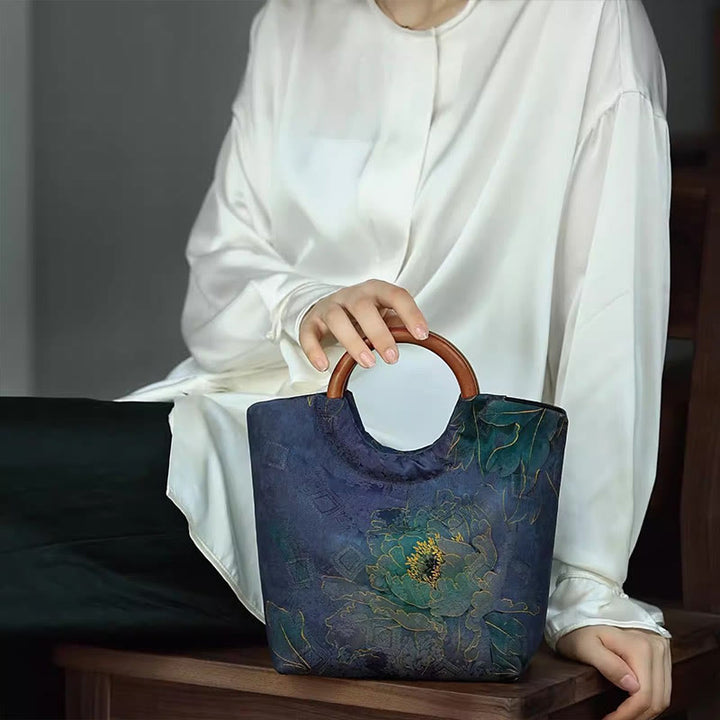 Buddha Stones Peony Flower Bamboo Leaves Bird Solid Wood Handle Handbag - image 9