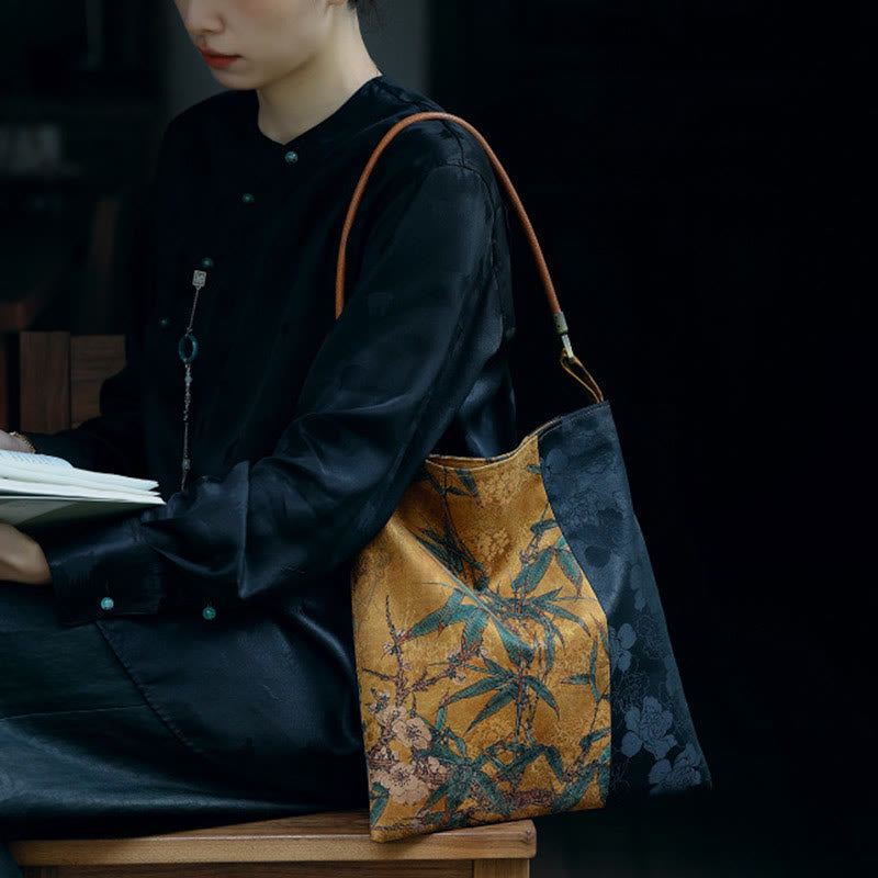 Buddha Stones Bamboo Leaves Flower Butterfly Persimmon Shoulder Bag Handbag - Yellow Flower Bamboo Leaves 33*33cm - image 0