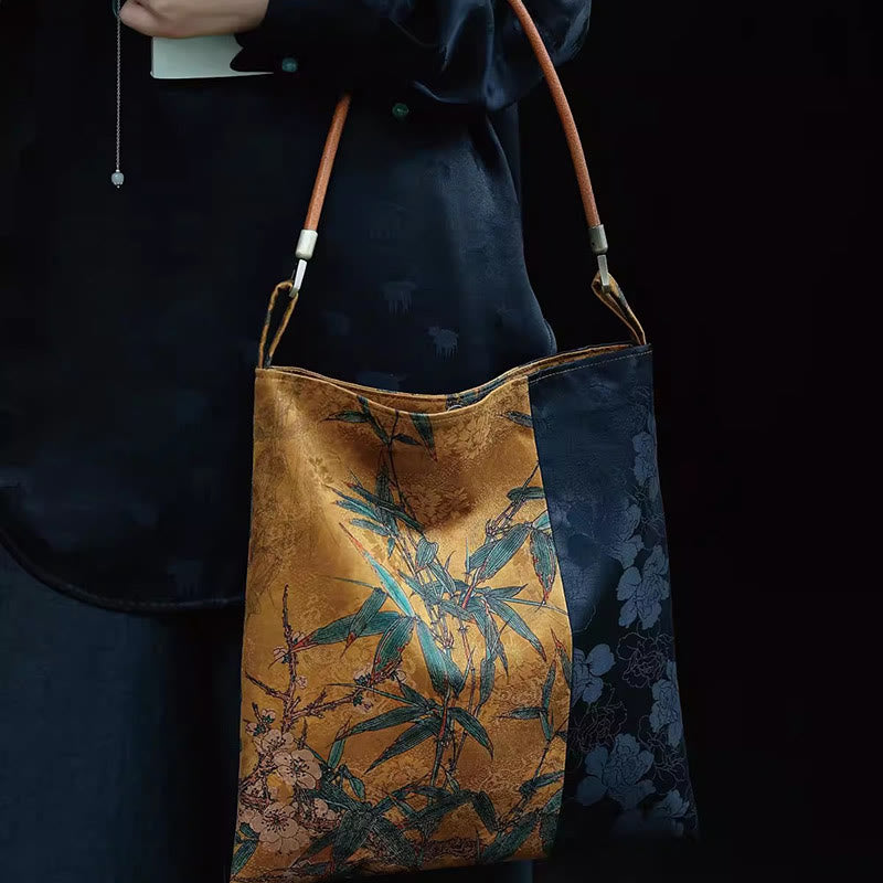 Buddha Stones Bamboo Leaves Flower Butterfly Persimmon Shoulder Bag Handbag - image 1