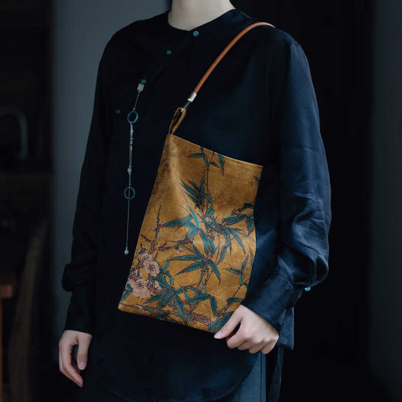Buddha Stones Bamboo Leaves Flower Butterfly Persimmon Shoulder Bag Handbag - image 12