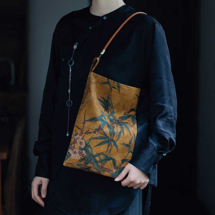 Buddha Stones Bamboo Leaves Flower Butterfly Persimmon Shoulder Bag Handbag - image 12