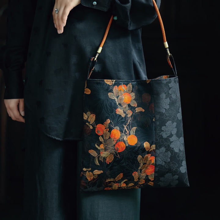 Buddha Stones Bamboo Leaves Flower Butterfly Persimmon Shoulder Bag Handbag - Orange Persimmon 33*33cm - image 16