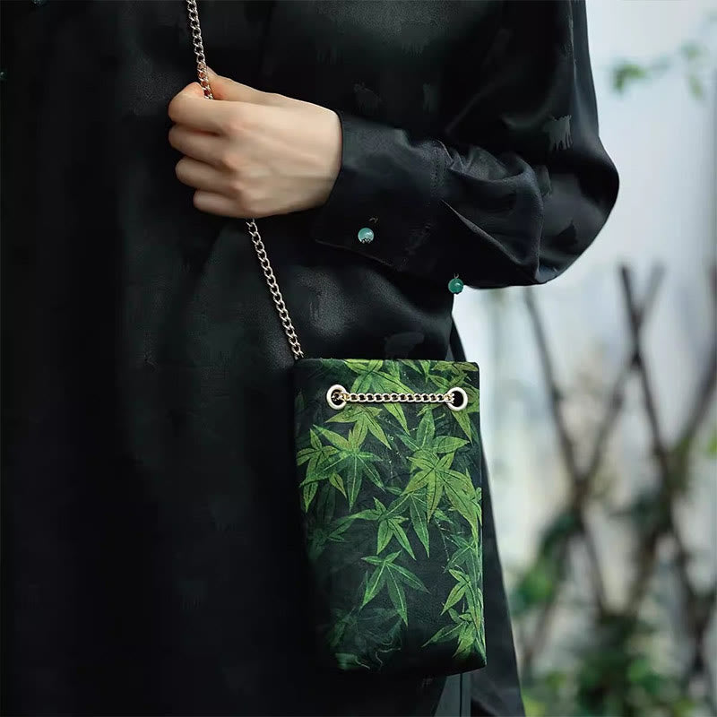 Buddha Stones Small Maple Leaf Persimmon Metal Chain Crossbody Bag Shoulder Bag Cellphone Bag - Green Maple Leaf 20*12*4cm - image 0