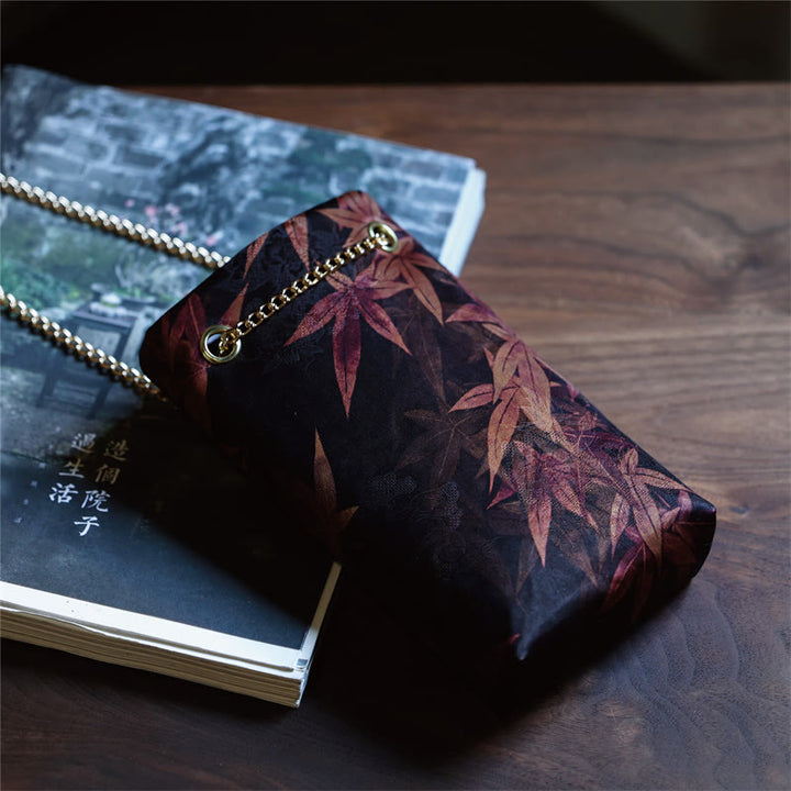 Buddha Stones Small Maple Leaf Persimmon Metal Chain Crossbody Bag Shoulder Bag Cellphone Bag - Black Red Maple Leaf 20*12*4cm - image 19