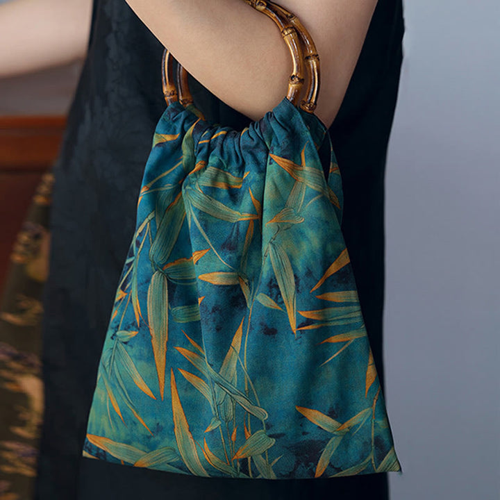 Buddha Stones Blue Green Bamboo Leaves Bamboo Handles Handbag - image 2