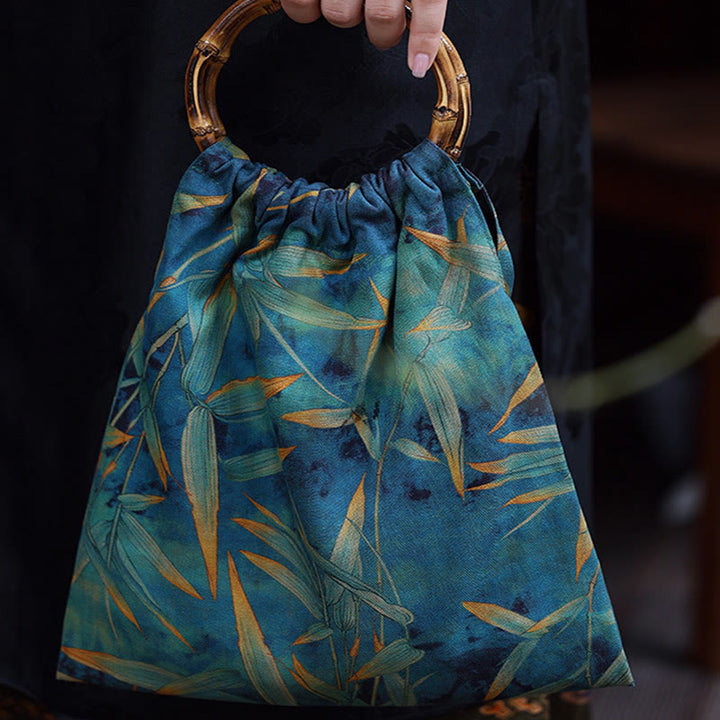 Buddha Stones Blue Green Bamboo Leaves Bamboo Handles Handbag - image 5