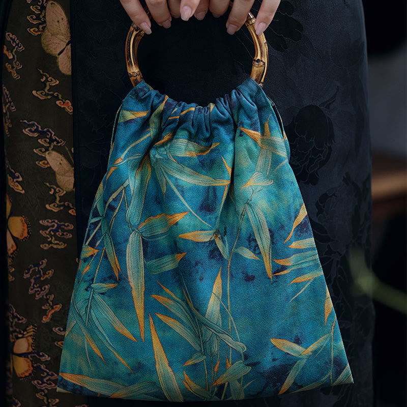 Buddha Stones Blue Green Bamboo Leaves Bamboo Handles Handbag - image 1