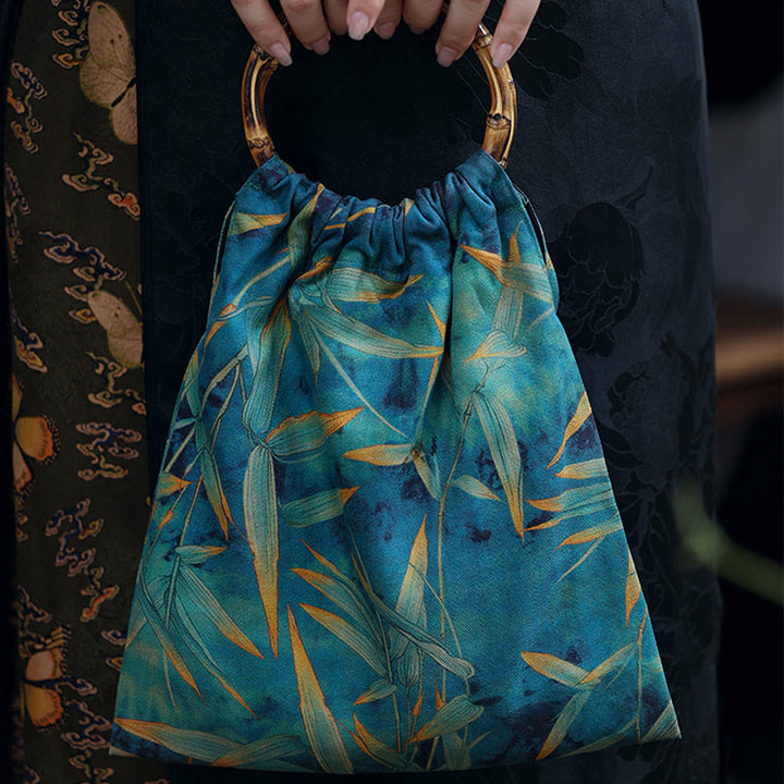 Buddha Stones Blue Green Bamboo Leaves Bamboo Handles Handbag - image 1