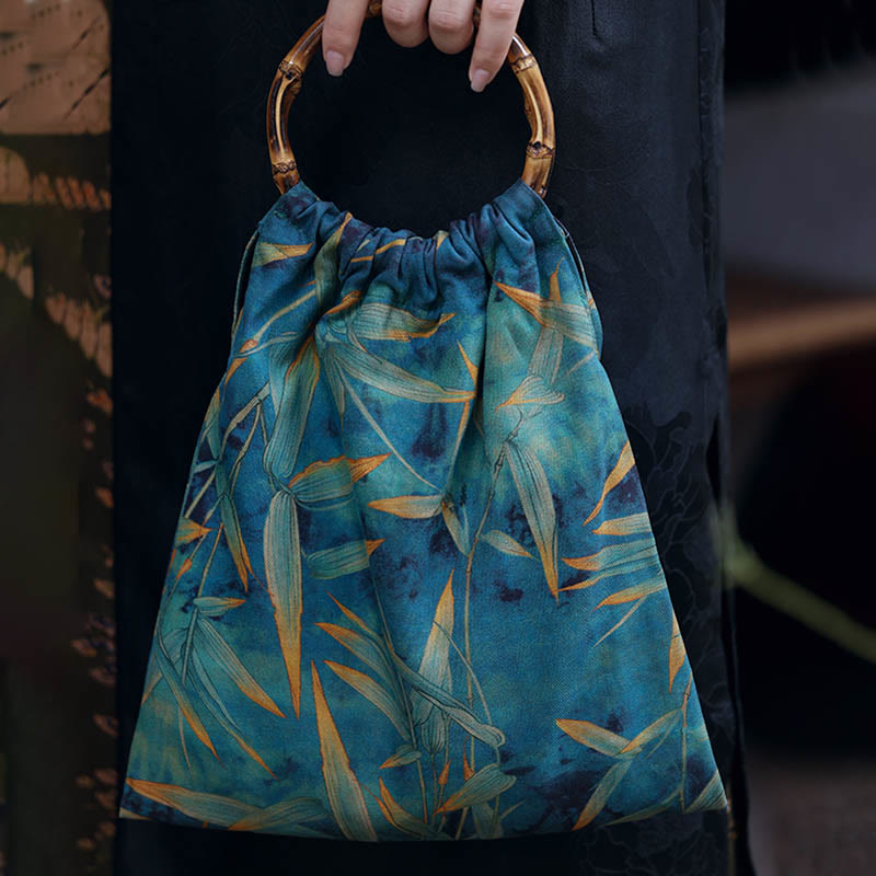 Buddha Stones Blue Green Bamboo Leaves Bamboo Handles Handbag - image 7