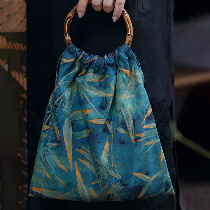 Buddha Stones Blue Green Bamboo Leaves Bamboo Handles Handbag - image 7