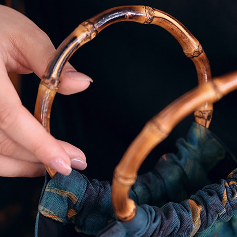 Buddha Stones Blue Green Bamboo Leaves Bamboo Handles Handbag - image 3