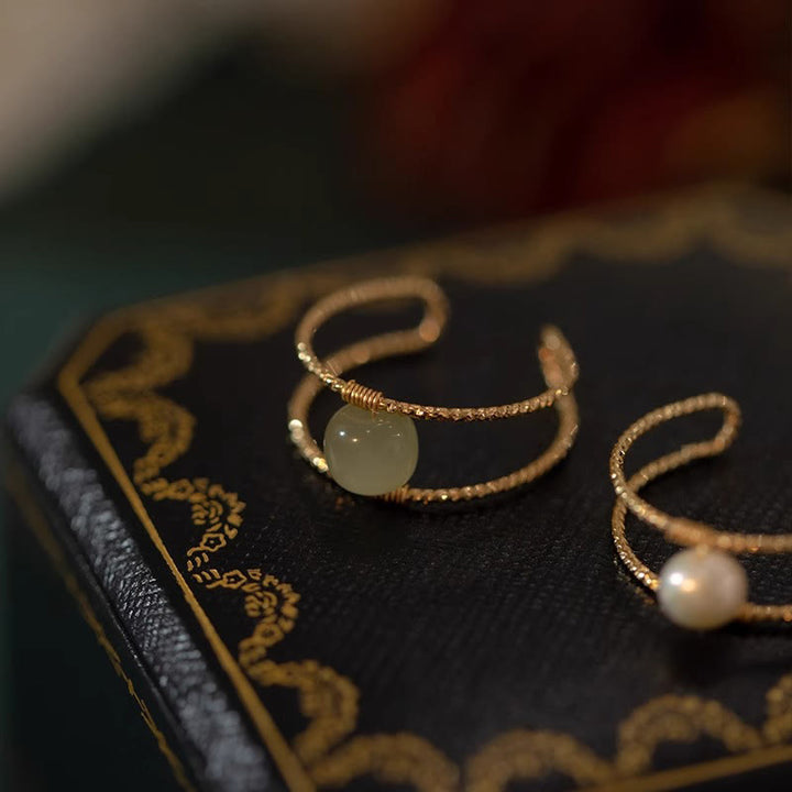 Buddha Stones Round Jade Pearl Bead Double Layer Copper Luck Adjustable Ring - image 0