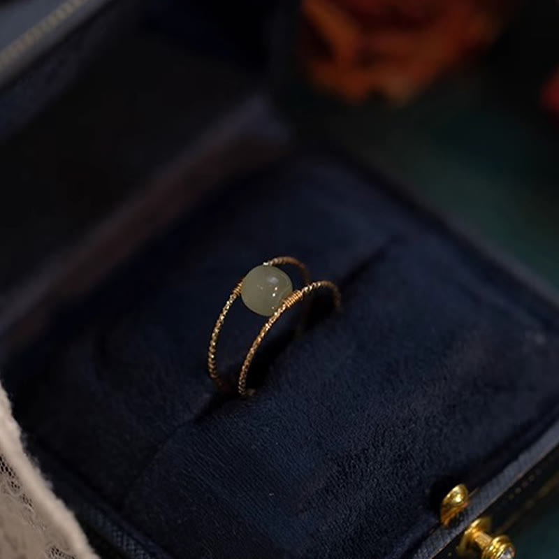 Buddha Stones Round Jade Pearl Bead Double Layer Copper Luck Adjustable Ring - image 4