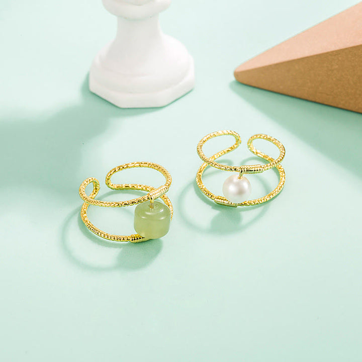 Buddha Stones Round Jade Pearl Bead Double Layer Copper Luck Adjustable Ring - image 12