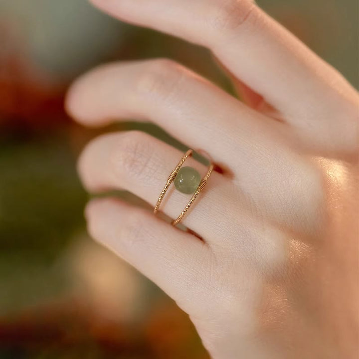 Buddha Stones Round Jade Pearl Bead Double Layer Copper Luck Adjustable Ring - image 3