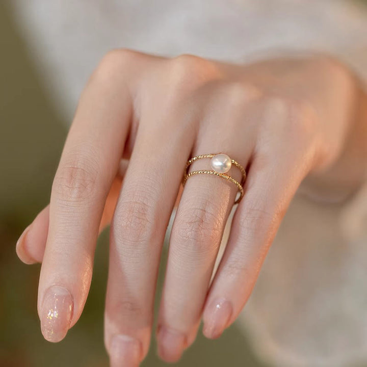 Buddha Stones Round Jade Pearl Bead Double Layer Copper Luck Adjustable Ring - image 9