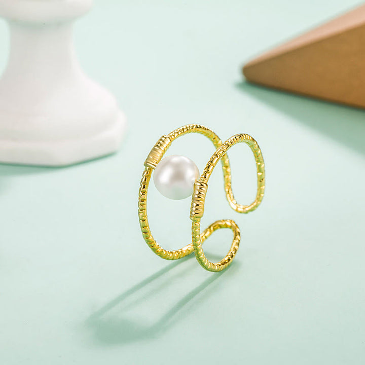 Buddha Stones Round Jade Pearl Bead Double Layer Copper Luck Adjustable Ring - Pearl(Adjustable) - image 7