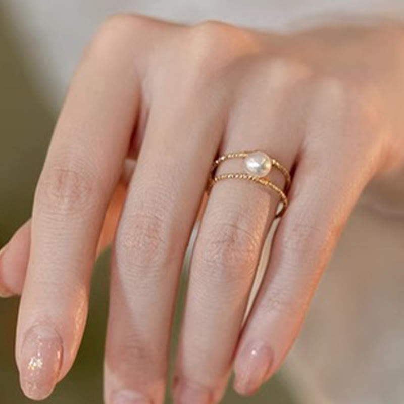 Buddha Stones Round Jade Pearl Bead Double Layer Copper Luck Adjustable Ring - image 10