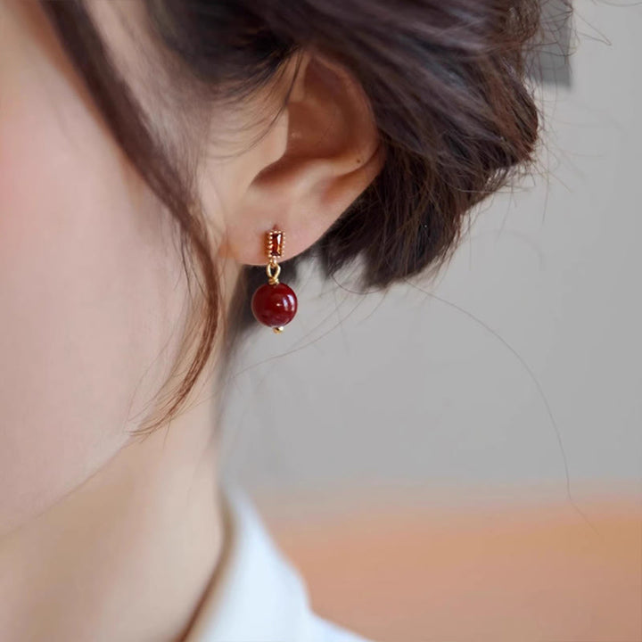 Buddha Stones 925 Sterling Silver Posts 14K Gold Filled Cinnabar Bead Zircon Calm Earrings - Cinnabar(925 Sterling Silver Posts) - image 0