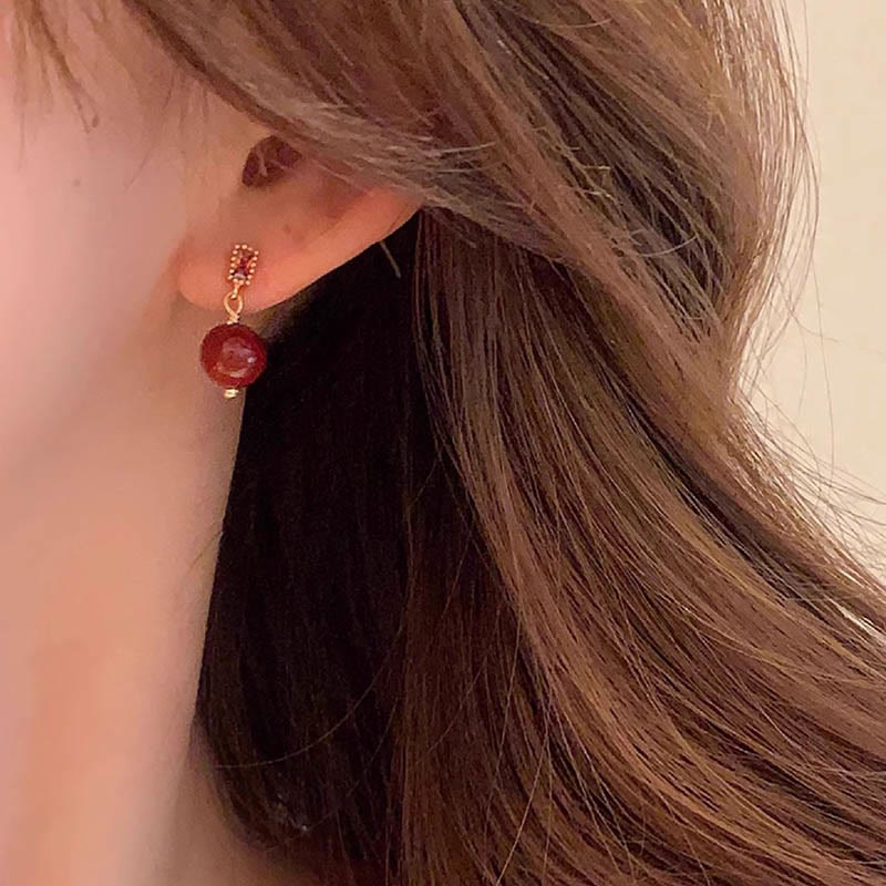 Buddha Stones 925 Sterling Silver Posts 14K Gold Filled Cinnabar Bead Zircon Calm Earrings - image 2