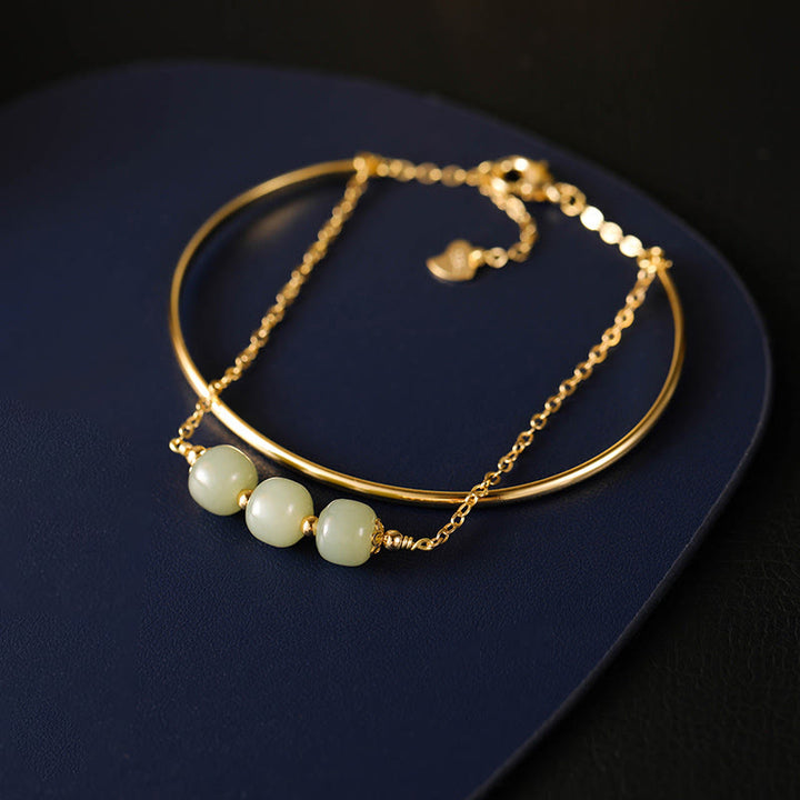 Buddha Stones Copper Plated Gold Hetian Jade Bead Luck Double Layer Bracelet Bangle - image 2