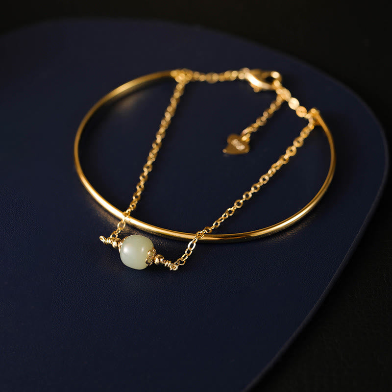 Buddha Stones Copper Plated Gold Hetian Jade Bead Luck Double Layer Bracelet Bangle - Hetian Jade One Bead(Wrist Circumference 14-15cm) - image 15