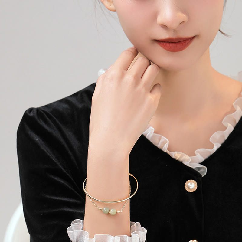 Buddha Stones Copper Plated Gold Hetian Jade Bead Luck Double Layer Bracelet Bangle - image 13