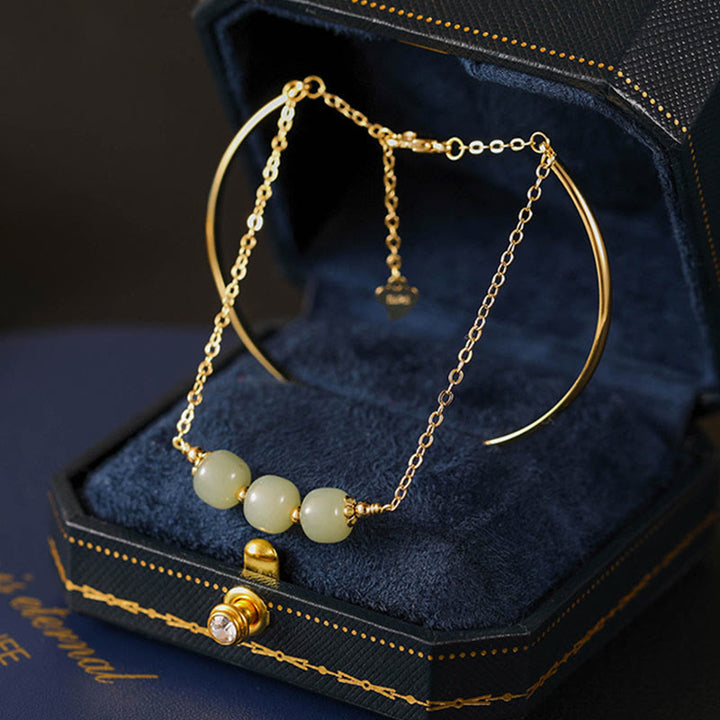 Buddha Stones Copper Plated Gold Hetian Jade Bead Luck Double Layer Bracelet Bangle - Hetian Jade Three Bead(Wrist Circumference 14-15cm) - image 0