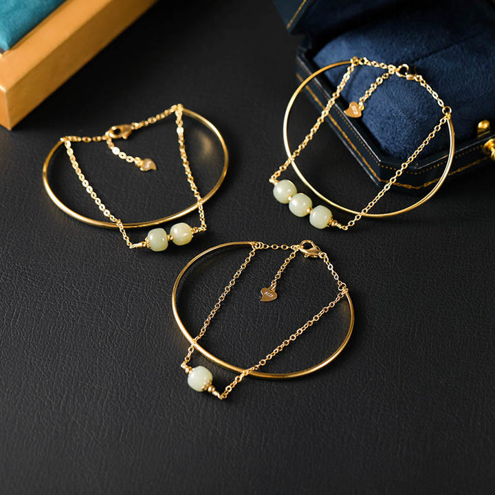 Buddha Stones Copper Plated Gold Hetian Jade Bead Luck Double Layer Bracelet Bangle - image 1