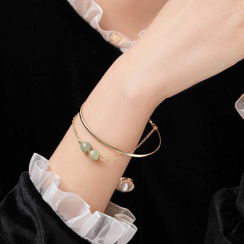 Buddha Stones Copper Plated Gold Hetian Jade Bead Luck Double Layer Bracelet Bangle - image 9