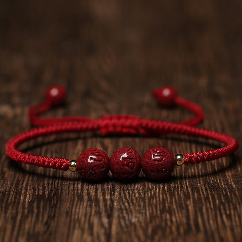 Buddha Stones Handmade Cinnabar Om Mani Padme Hum Engraved Beads Blessing Braided Bracelet - Dark Red Rope(Wrist Circumference 14-16cm) - image 0