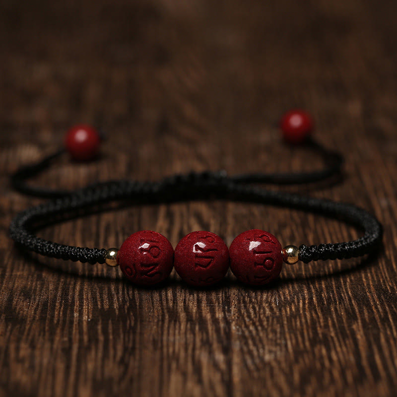 Buddha Stones Handmade Cinnabar Om Mani Padme Hum Engraved Beads Blessing Braided Bracelet - Black Rope(Wrist Circumference 14-17cm) - image 7