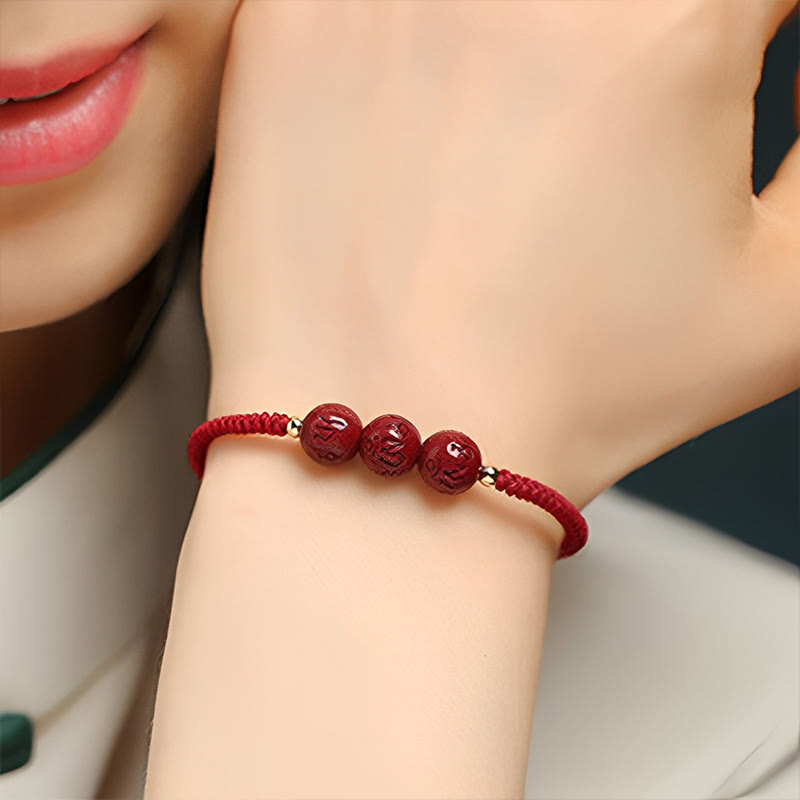 Buddha Stones Handmade Cinnabar Om Mani Padme Hum Engraved Beads Blessing Braided Bracelet - image 2