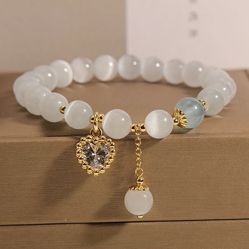 Buddha Stones Cat's Eye Crystal Heart Zircon Charm Peace Love Bracelet - Cat's Eye(Wrist Circumference: 14-16cm) - image 0