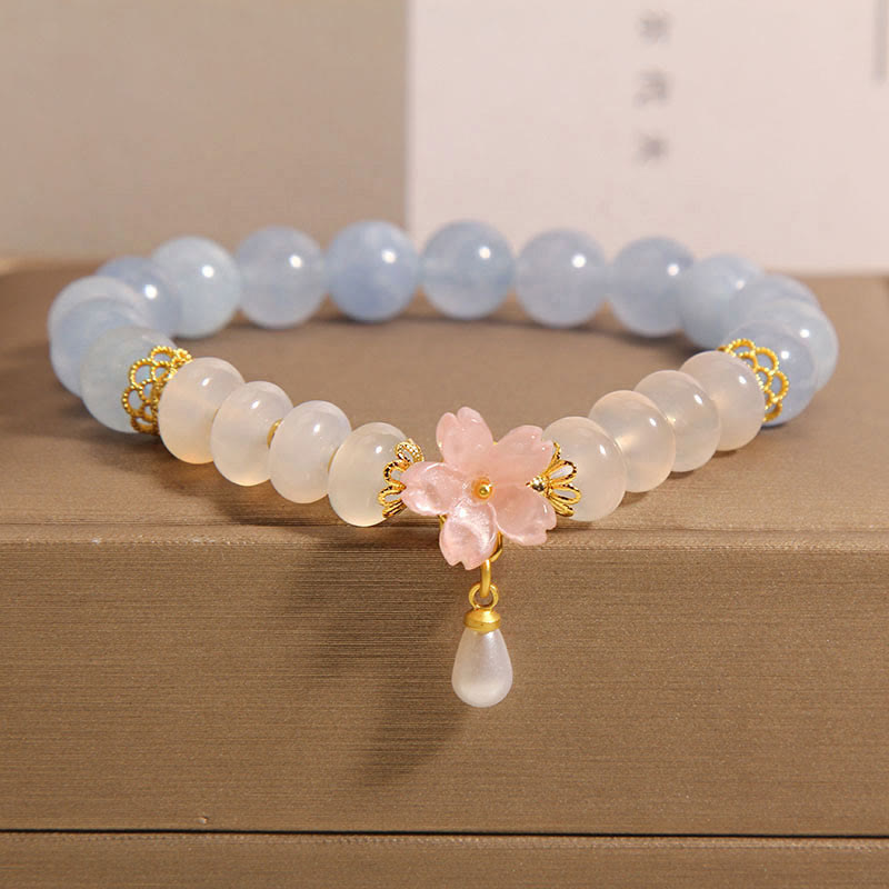 Buddha Stones Aquamarine White Agate Pearl Abacus Beads Flower Healing Bracelet - Aquamarine White Agate(Wrist Circumference: 14-16cm) - image 0