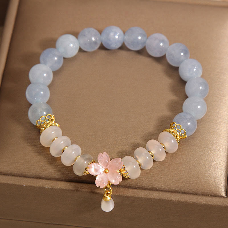 Buddha Stones Aquamarine White Agate Pearl Abacus Beads Flower Healing Bracelet - image 1