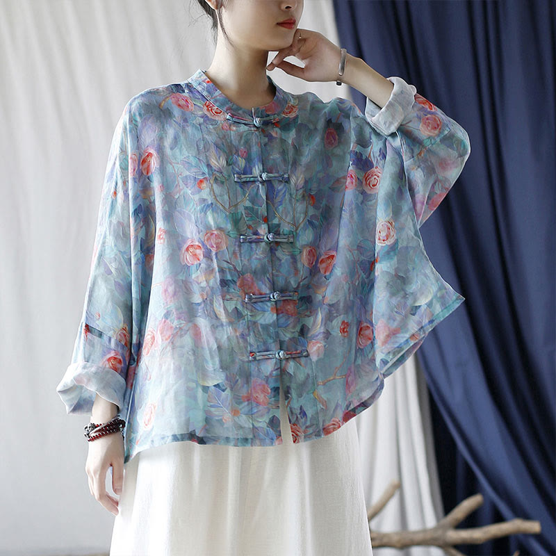 Buddha Stones Pink Flowers Green Leaves Print Frog-button Design Long Sleeve Ramie Linen Jacket Shirt - image 21