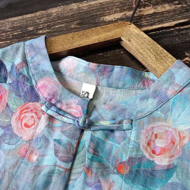 Buddha Stones Pink Flowers Green Leaves Print Frog-button Design Long Sleeve Ramie Linen Jacket Shirt - image 12