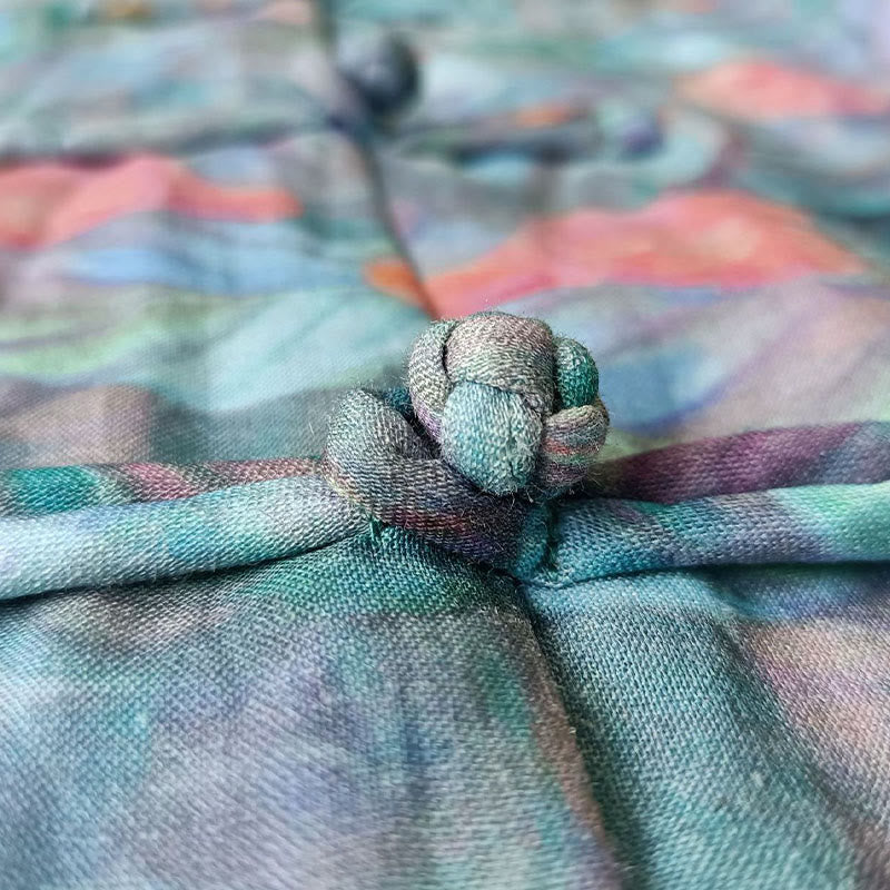 Buddha Stones Pink Flowers Green Leaves Print Frog-button Design Long Sleeve Ramie Linen Jacket Shirt - image 13