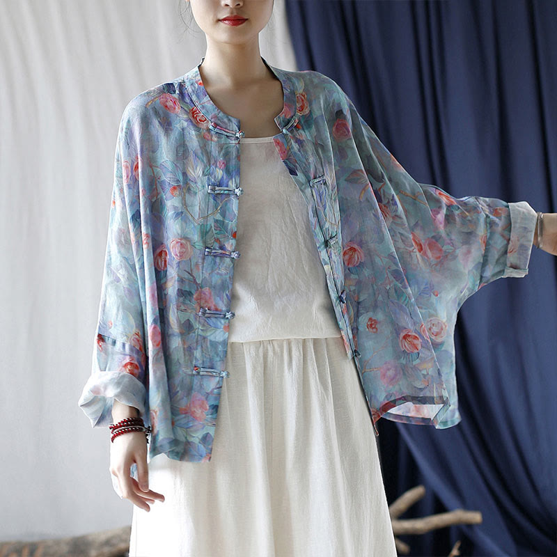 Buddha Stones Pink Flowers Green Leaves Print Frog-button Design Long Sleeve Ramie Linen Jacket Shirt - image 22