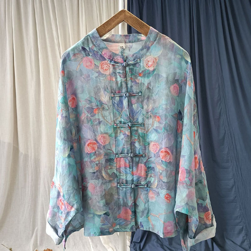 Buddha Stones Pink Flowers Green Leaves Print Frog-button Design Long Sleeve Ramie Linen Jacket Shirt - image 8