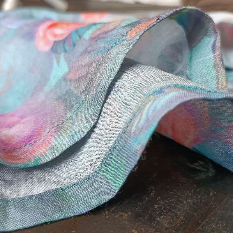 Buddha Stones Pink Flowers Green Leaves Print Frog-button Design Long Sleeve Ramie Linen Jacket Shirt - image 15