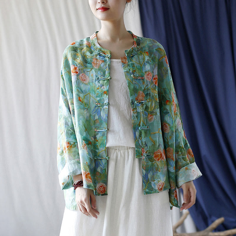 Buddha Stones Pink Flowers Green Leaves Print Frog-button Design Long Sleeve Ramie Linen Jacket Shirt - image 38