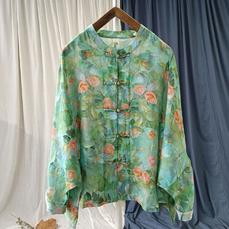 Buddha Stones Pink Flowers Green Leaves Print Frog-button Design Long Sleeve Ramie Linen Jacket Shirt - image 47
