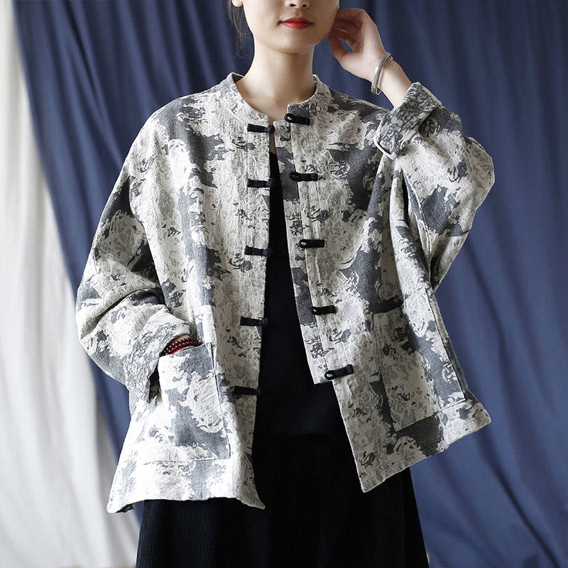 Buddha Stones Black Gray Print Frog-button Design Long Sleeve Cotton Linen Jacket Shirt With Pockets - image 21