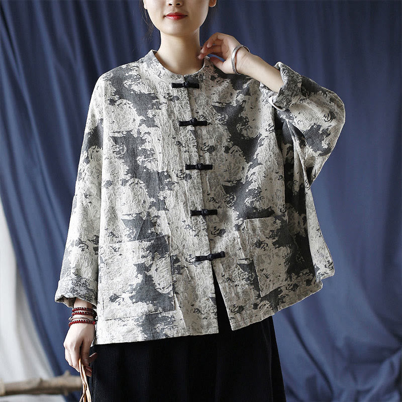 Buddha Stones Black Gray Print Frog-button Design Long Sleeve Cotton Linen Jacket Shirt With Pockets - image 28