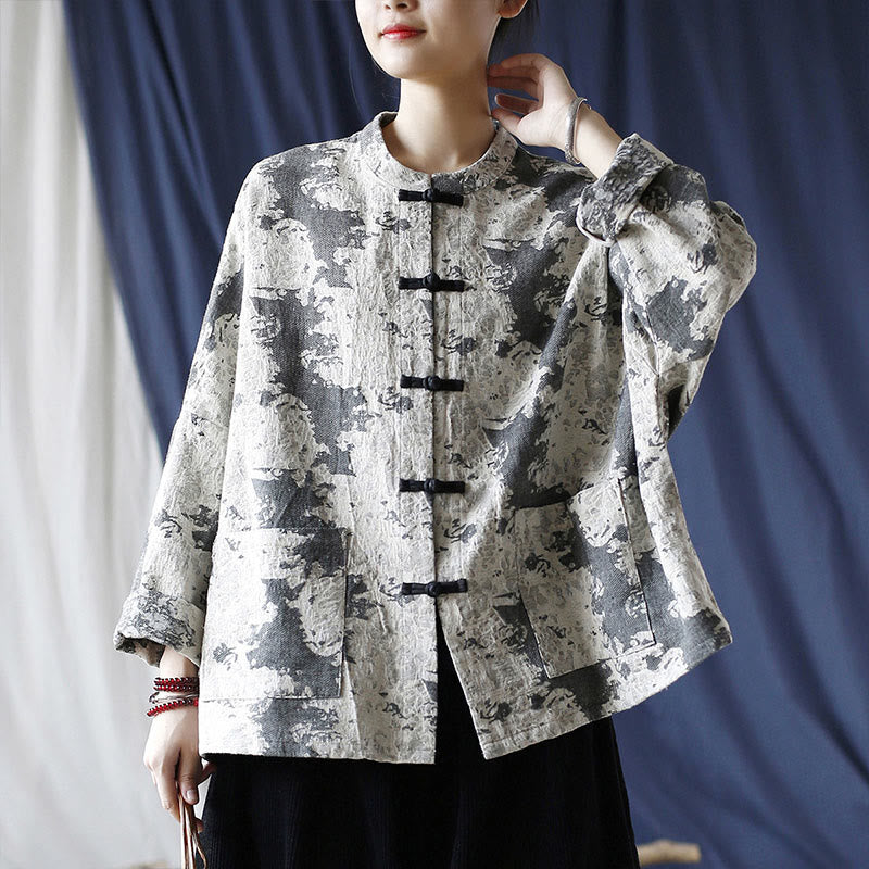 Buddha Stones Black Gray Print Frog-button Design Long Sleeve Cotton Linen Jacket Shirt With Pockets - image 23