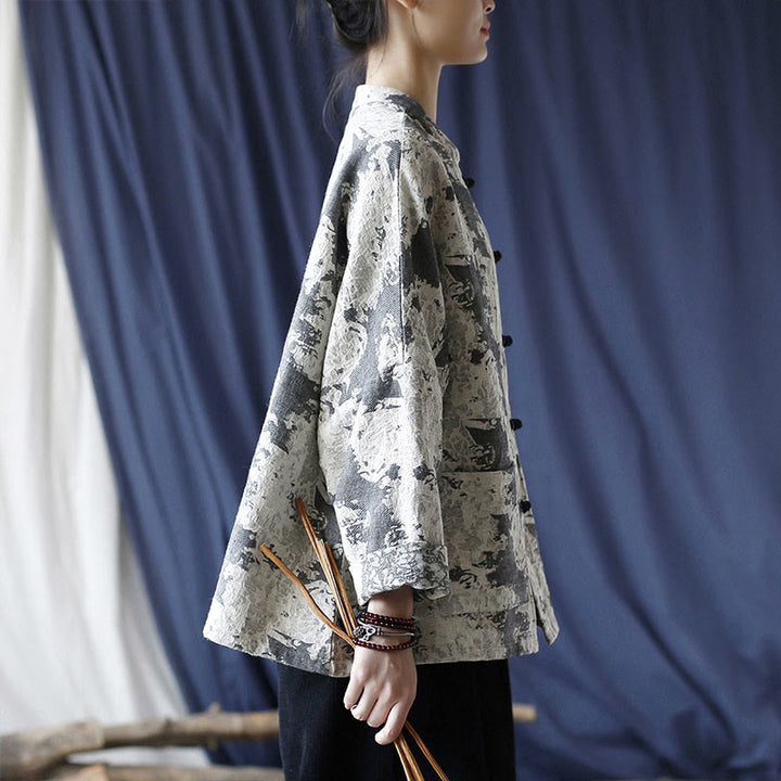 Buddha Stones Black Gray Print Frog-button Design Long Sleeve Cotton Linen Jacket Shirt With Pockets - image 3